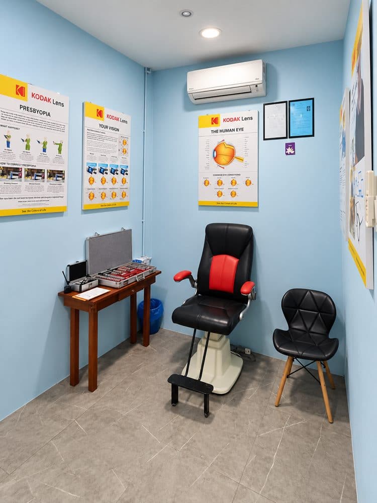 The eye test room at Visionary Eyecare, with the examination chair and trial lens set