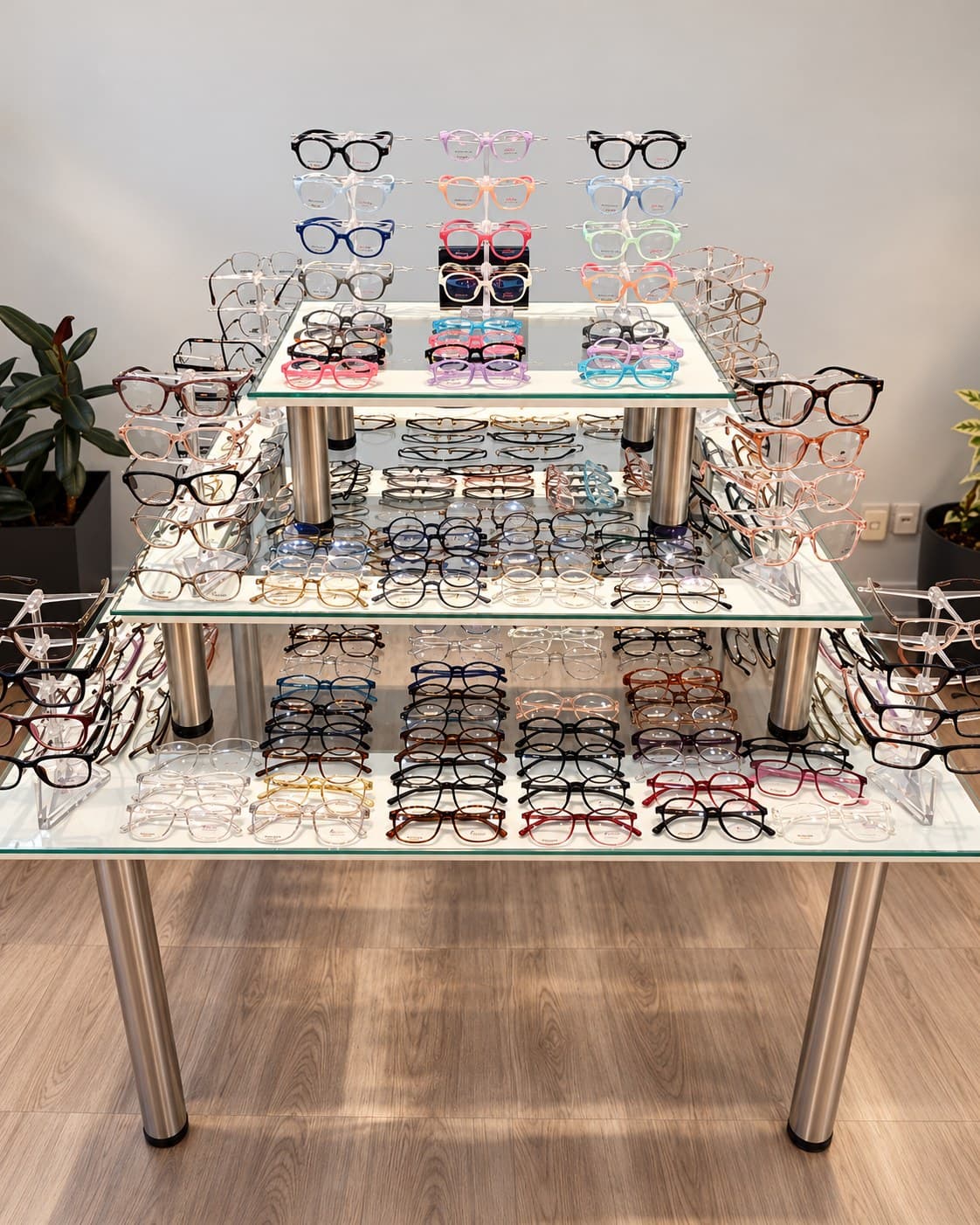 A tiered glass display of affordable frames in many colours at Visionary Eyecare