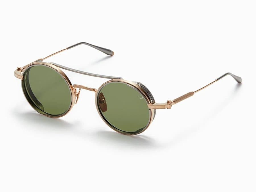 Round rose-gold frame with green lenses and side shields
