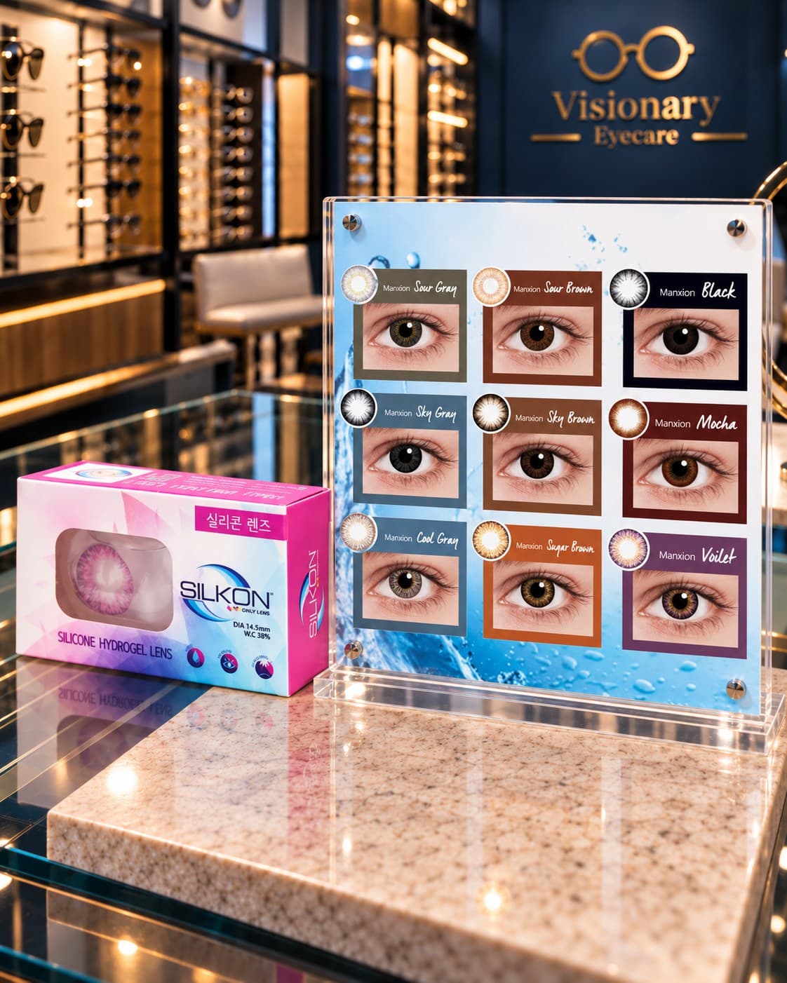 Manxion contact lens shade display at Visionary Eyecare